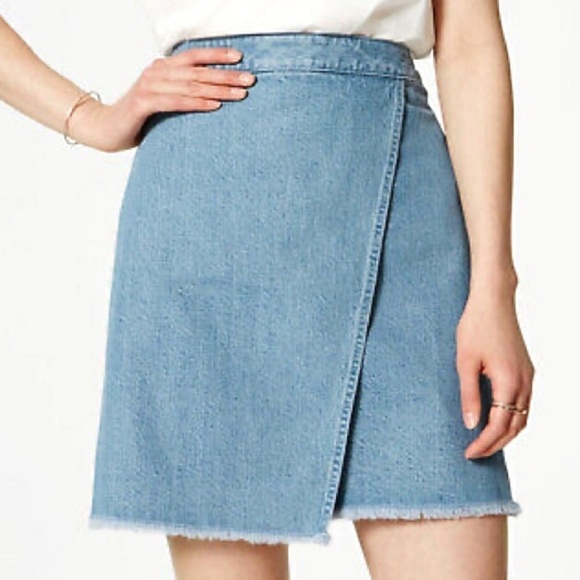 LOFT Dresses & Skirts - Loft Denim Wrap Jean Skirt Sz 4/27 Light Wash Blue Mini Raw Hem A-Line Casual